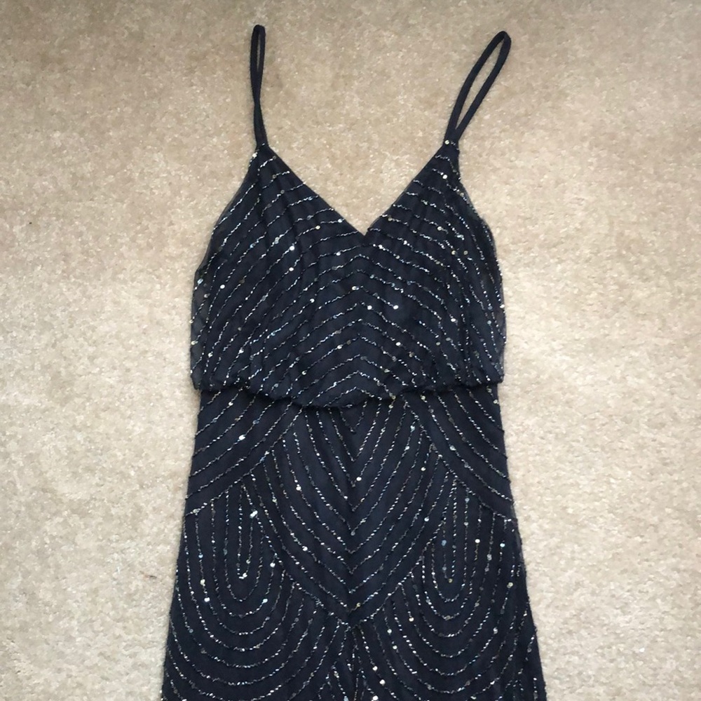 Adriana Papell ART DECO BEADED BLOUSON GOWN NAVY